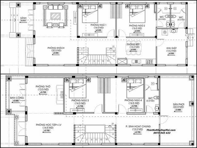 Bản vẽ nhà 2 tầng 4 phòng ngủ