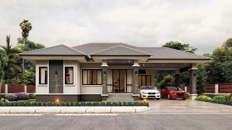 Mặt tiền căn biệt thự 1 tầng chính là điểm nhấn với kiến trúc thời thượng, tone màu trang nhã