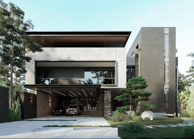 Mặt tiền nhà mái bằng 2 tầng gây ấn tượng với các đường nét khỏe khoắn, tone màu sáng 