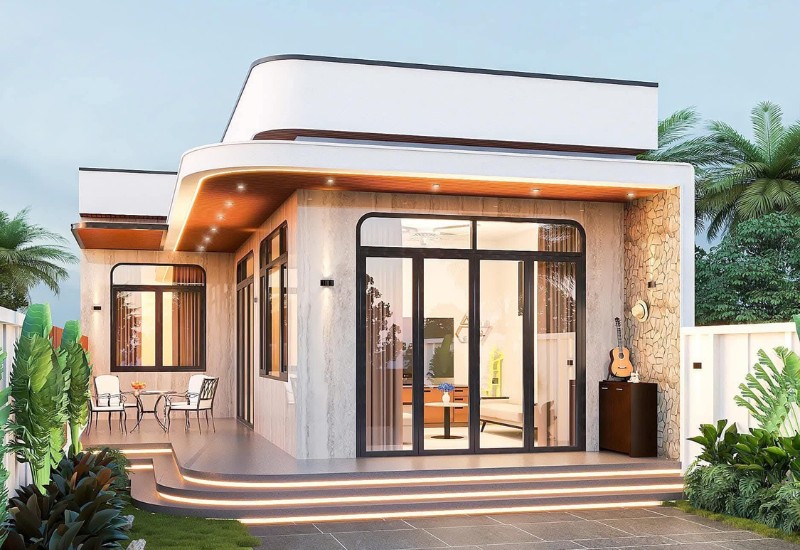 Mặt tiền nhà đẹp cấp 4 có gác lửng mang phong cách hiện đại