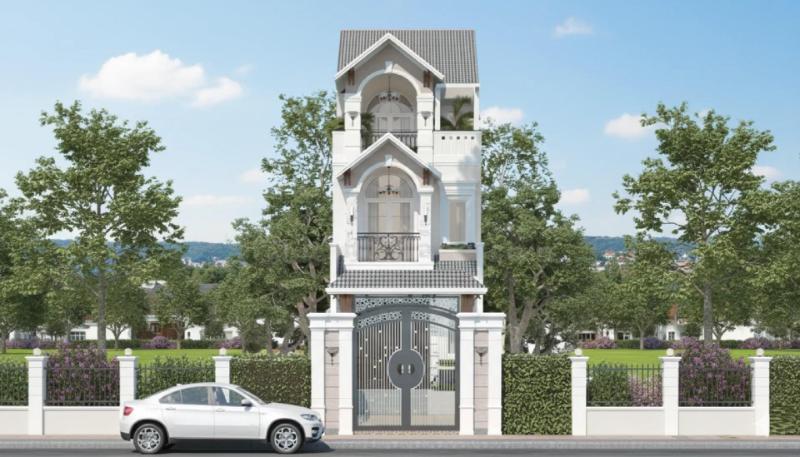 Mẫu nhà ống 3 tầng có gác lửng đẹp dạng mái Thái