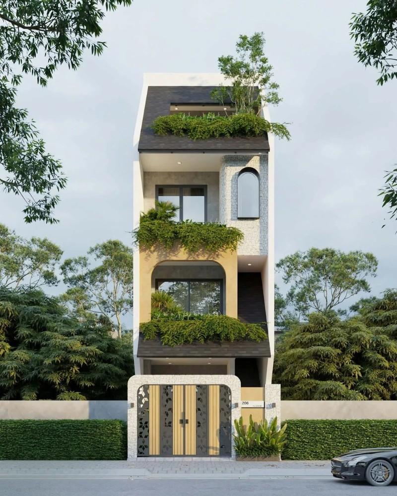 Mẫu nhà ống đẹp hiện đại sử dụng nhiều chất liệu khác nhau