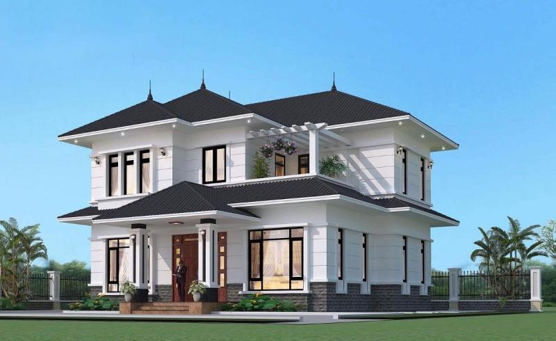 Mẫu nhà vuông 2 tầng có sân vườn kết hợp mái Nhật độc đáo