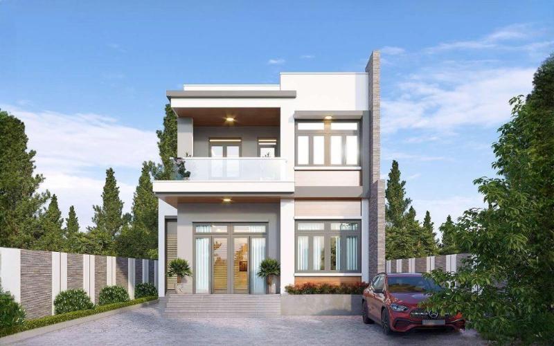 Mẫu nhà vuông 2 tầng 80m2 mái bằng có sân vườn