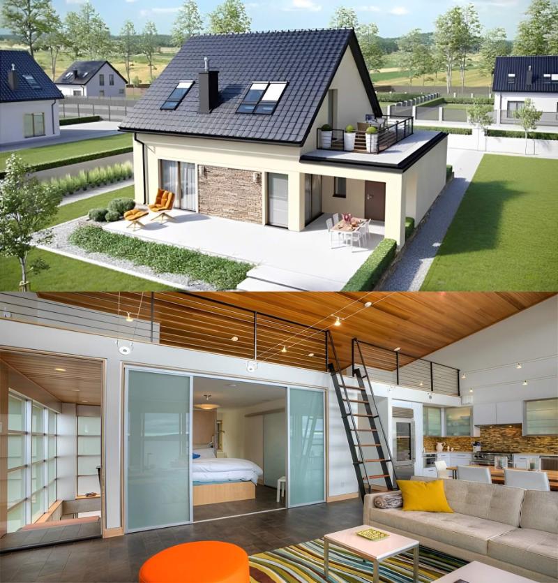 Mẫu nhà sân vườn 1 trệt 1 lửng đơn giản mà tiện nghi