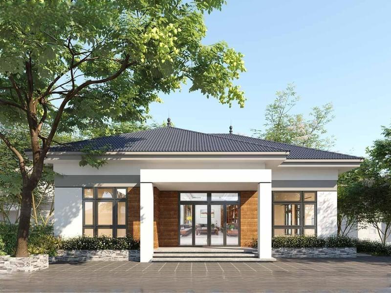 Thiết kế nhà ba gian 2 chái hiện đại sử dụng vật liệu tự nhiên đan xen hiện đại