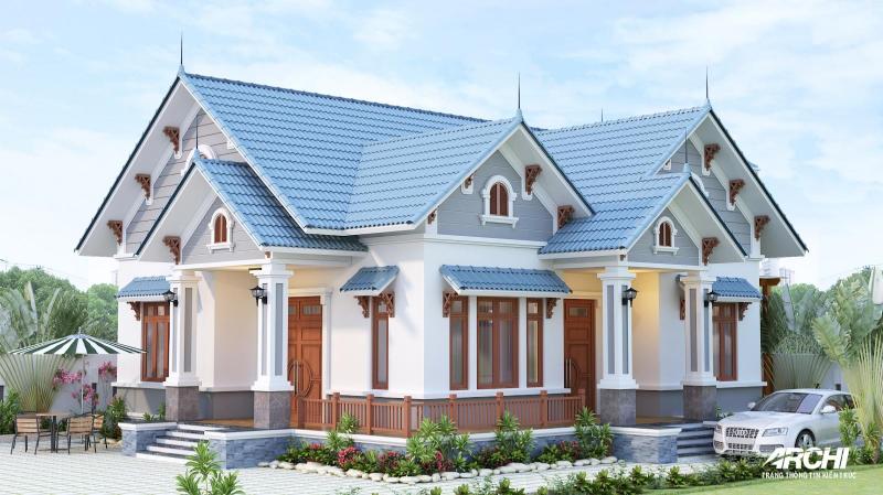 Mẫu nhà đẹp cấp 4 nông thôn mái tôn với phần mái là hình chóp tam giác cân