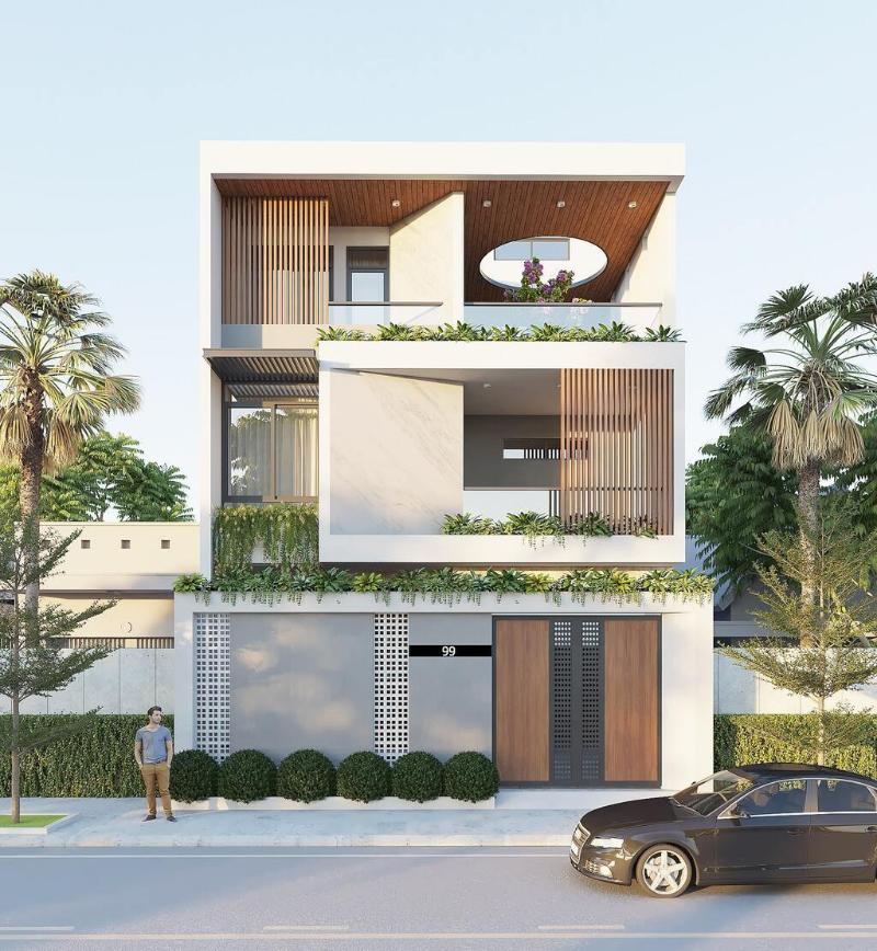 Mẫu thiết kế nhà mái bằng có sân vườn kết hợp bể bơi sang trọng