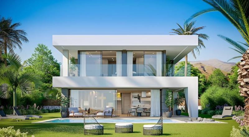 Mẫu nhà sân vườn mái bằng kết hợp cửa kính làm điểm nhấn