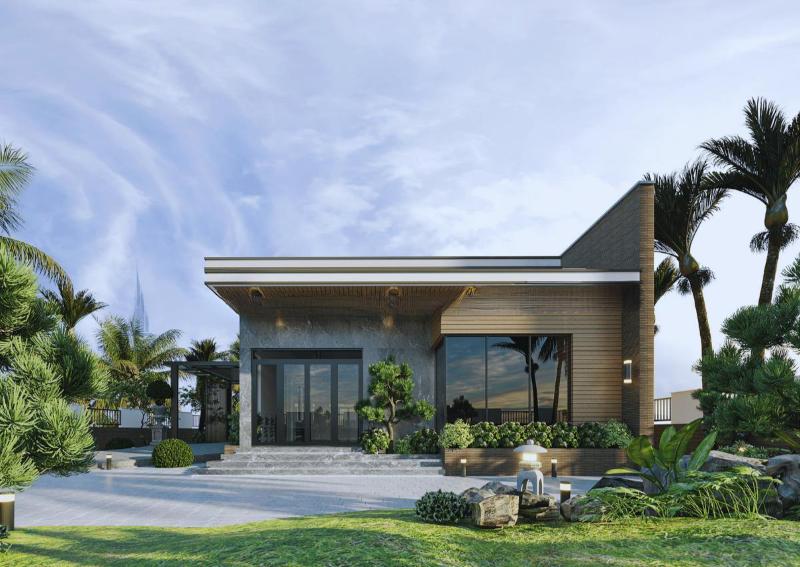 Mẫu nhà mái bằng được thiết kế không gian mở, kết hợp với sân vườn rộng rãi