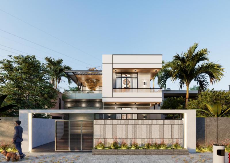 Mẫu nhà mái bằng 2 tầng gam màu trắng tinh tế và sang trọng