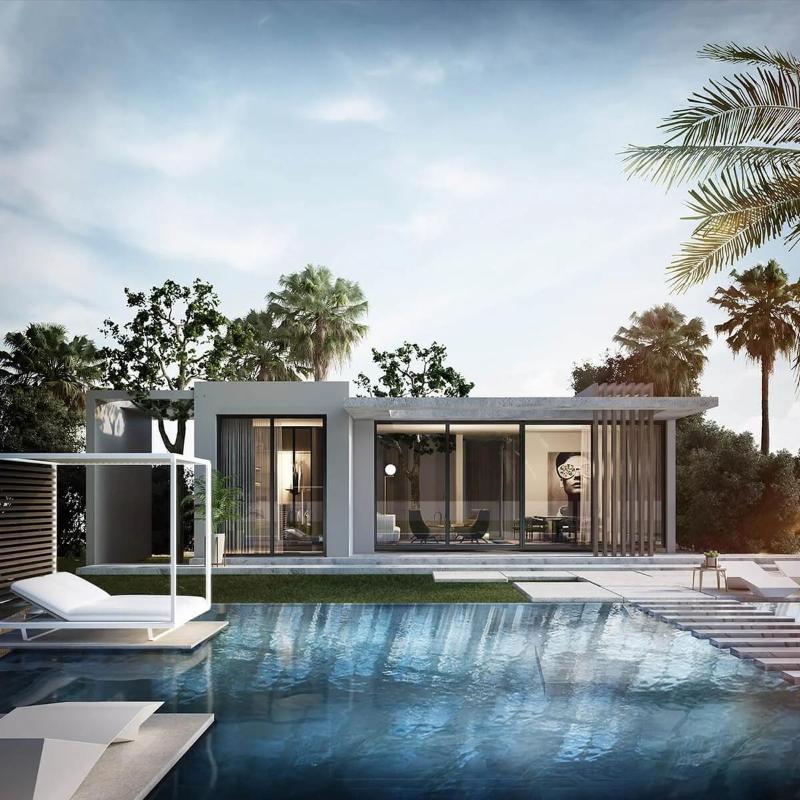 Mẫu nhà 1 tầng mái bằng với hình khối vuông vắn kết hợp kính cường lực hiện đại