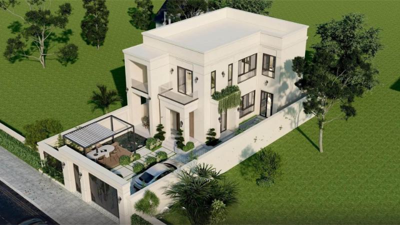 Mẫu nhà 2 tầng mái bằng có gara ô tô rộng rãi, tiện nghi