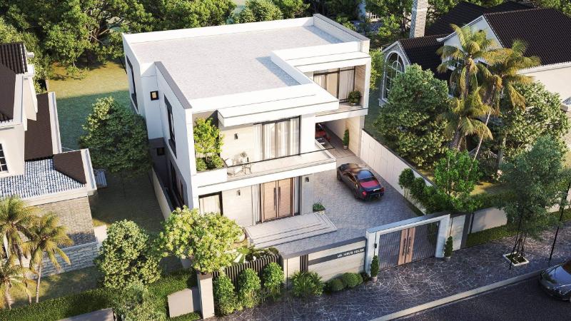 Mẫu nhà mái bằng 3 tầng nổi bật nhờ hệ thống kính cường lực và đèn chiếu sáng hợp lý