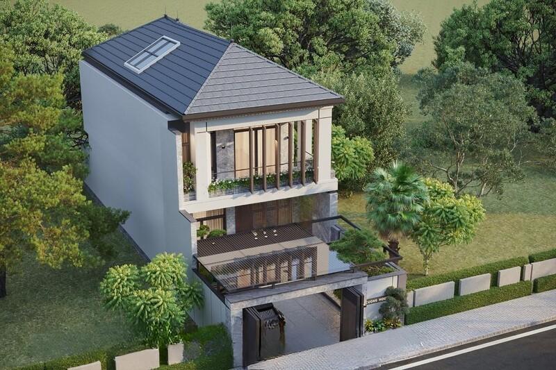 Mẫu nhà ống với mái Nhật dốc nhẹ giúp giảm cảm giác cao và dài