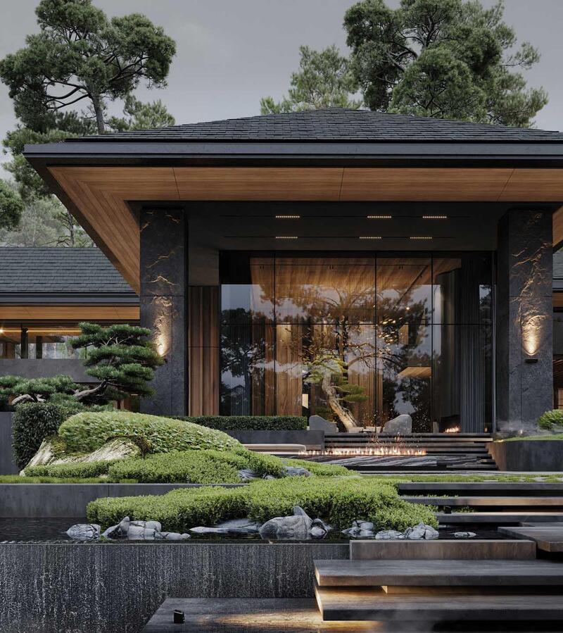 Nhà vườn thiết kế mái Nhật với hiên rộng, tạo sự mềm mại và che chắn hiệu quả