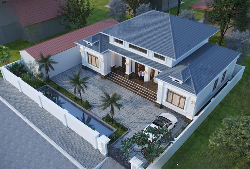 Mẫu nhà mái Nhật chữ U với kiến trúc đối xứng tạo tổng thể hài hòa và bề thế