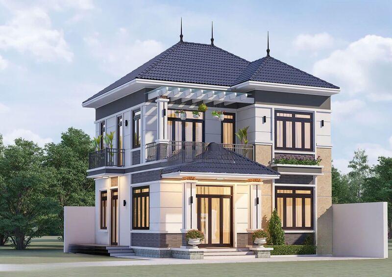 Mẫu nhà mái Nhật 2 tầng với kiến trúc hài hòa, mái hiên cân đối