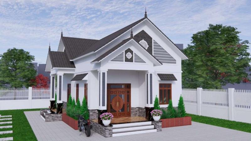 Mẫu nhà cấp 4 đẹp 4 phòng ngủ hình ống gam màu ghi nổi bật