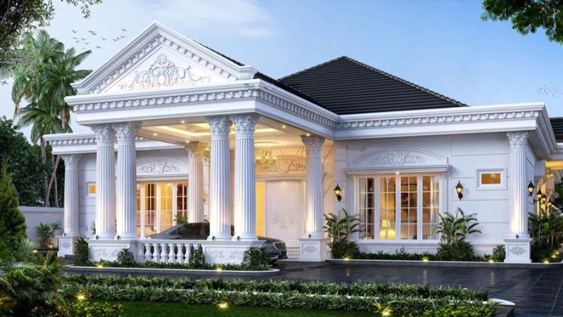 Mẫu thiết kế nhà cấp 4 tân cổ điển có sân vườn tone màu trắng