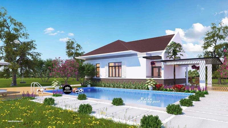 Mẫu nhà cấp 4 sân vườn có bể bơi sử dụng hệ thống cửa kính cường lực tạo nên sự cao cấp