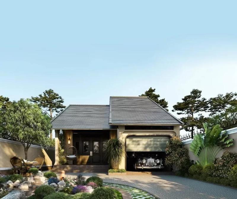Mẫu nhà vườn cấp 4 có gara sở hữu thẩm mỹ ấn tượng, vẻ đẹp hiện đại, sang trọng