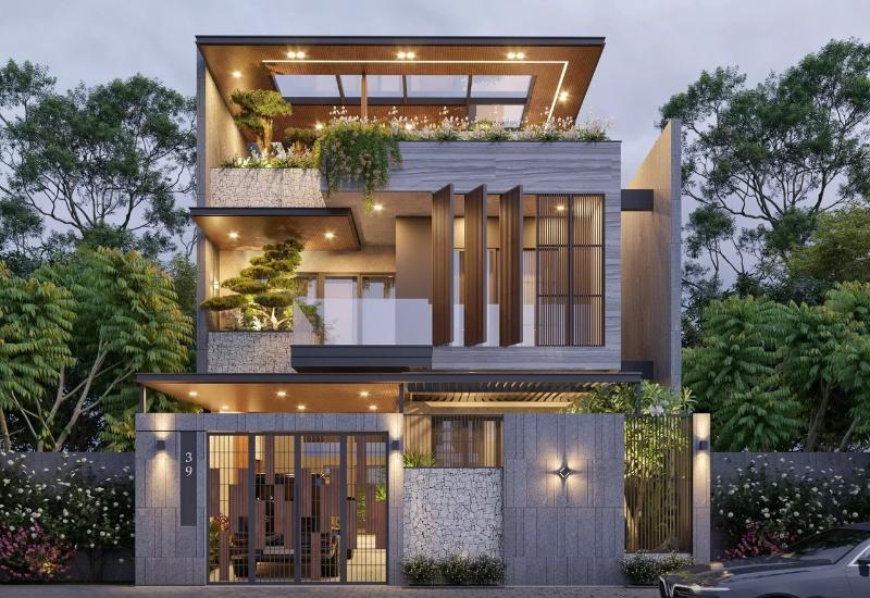 Mẫu biệt thự 3 tầng kiến tạo không gian sống rộng thoáng với cây cối bao quanh