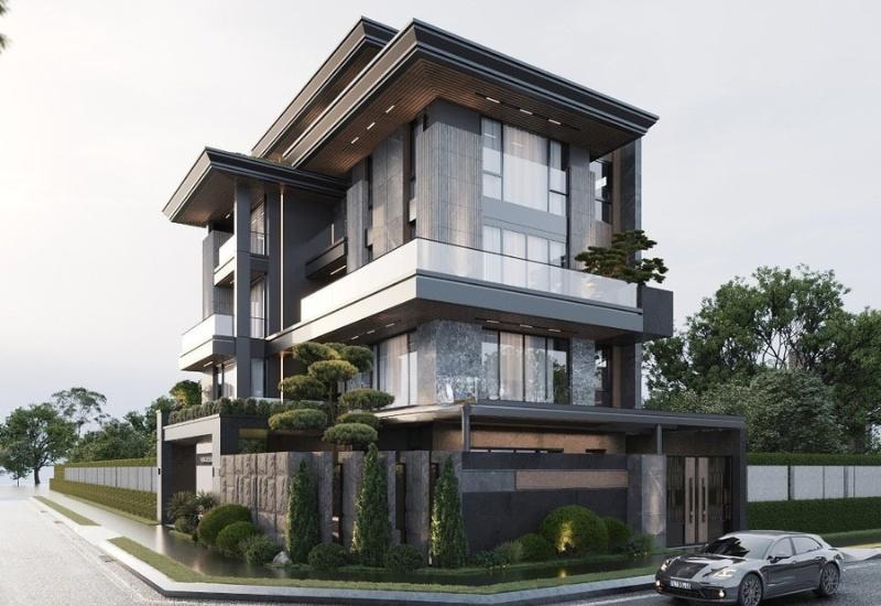 Mặt tiền biệt thự 5 tầng được trang trí cầu kỳ với đa dạng chất liệu hiện đại