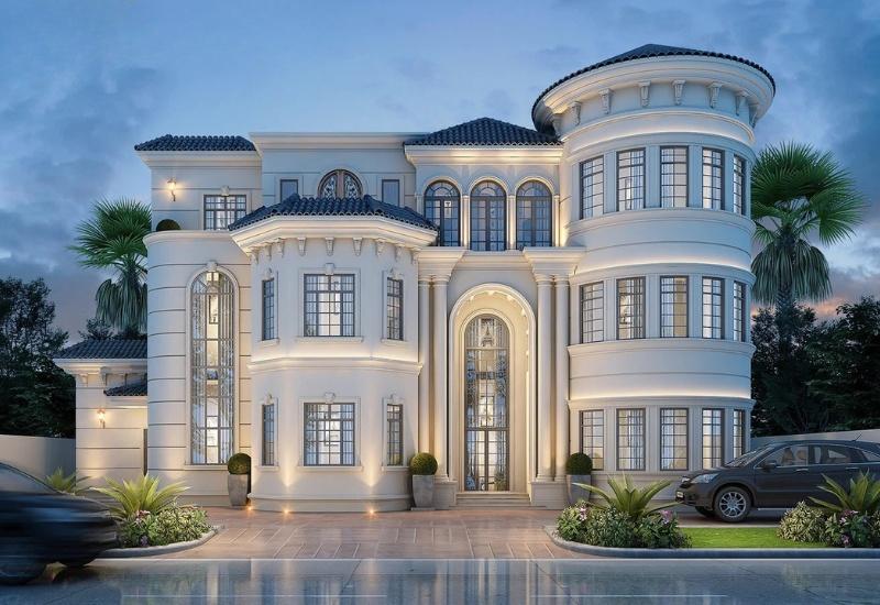 Thức cột đối xứng nổi bật ở khu vực mặt tiền biệt thự tân cổ điển