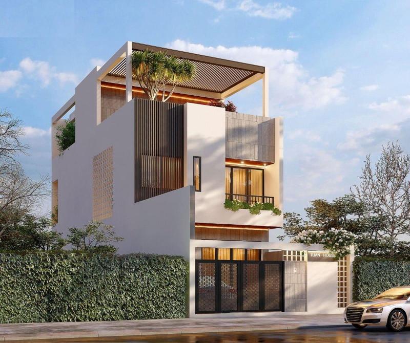 Mẫu thiết kế mặt tiền nhà phố 3 tầng hướng Tây tone màu nâu sáng