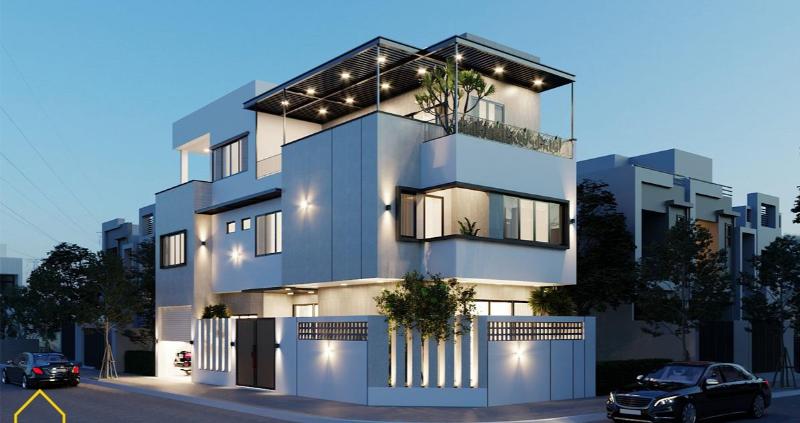Mẫu thiết kế mặt tiền nhà phố hướng Tây cho nhà 3 tầng hiện đại