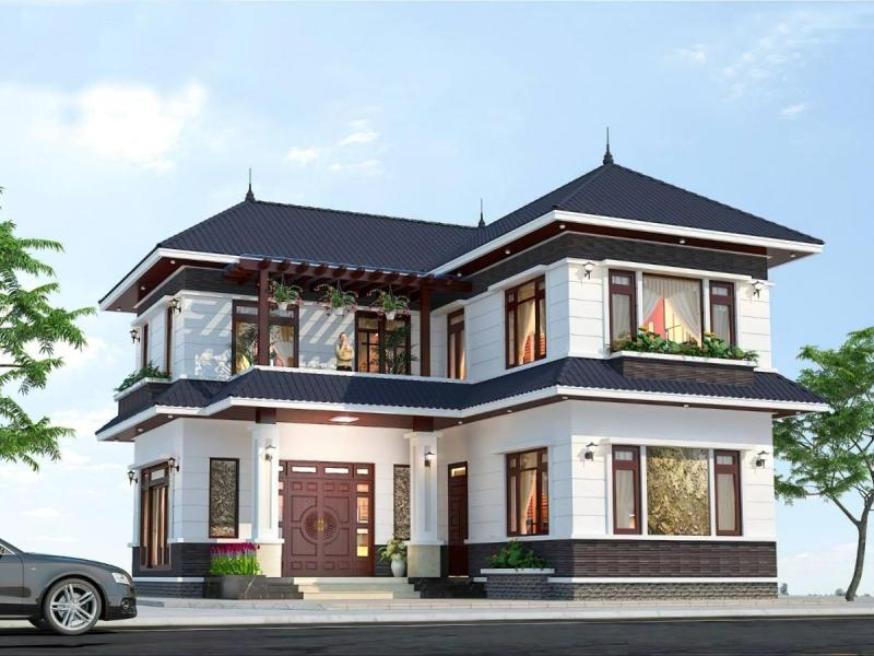 Mẫu nhà 2 tầng hình chữ L có không gian thoáng mát, rộng rãi