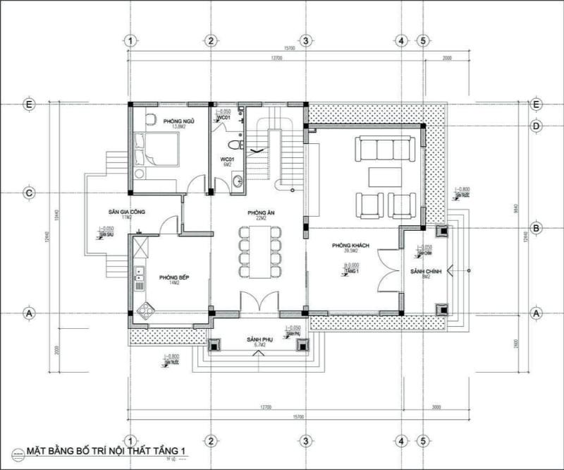 Bản vẽ mặt bằng tầng 1 nhà 2 tầng 100m2 có 1 phòng ngủ