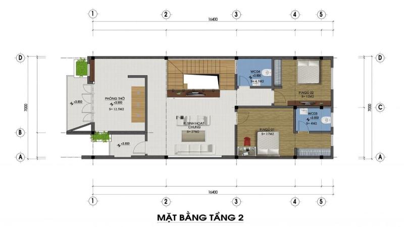 Bản vẽ mặt bằng tầng 2 nhà 2 tầng 100m2 1 phòng ngủ