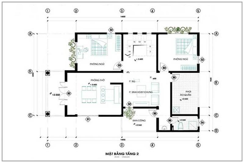 Bản vẽ mặt bằng tầng 2 nhà 2 tầng 100m2 2 phòng ngủ