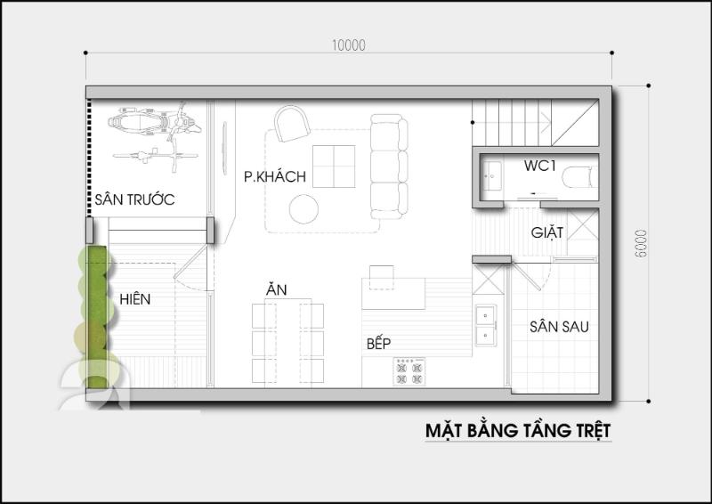 Bản vẽ thiết kế mặt bằng tầng 1 nhà 2 tầng 60m2