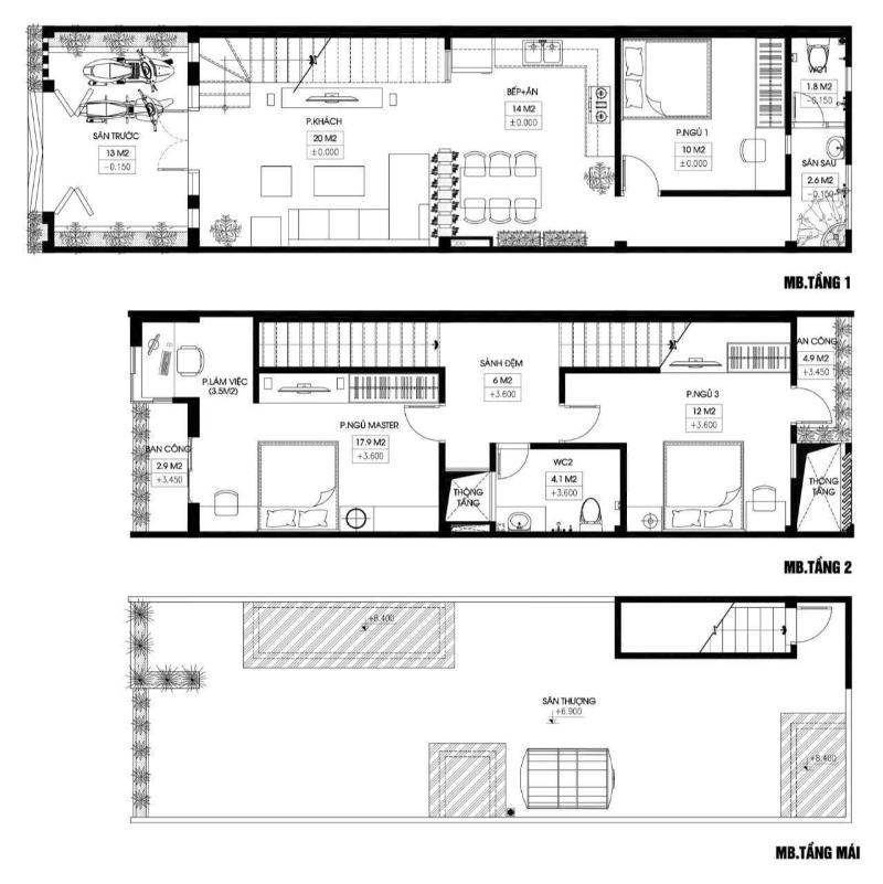 Bản vẽ mặt bằng công năng tầng 2 nhà 2 tầng 60m2