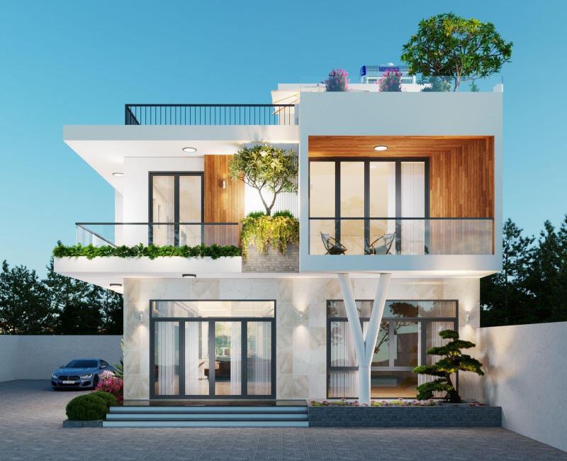 Mẫu nhà 2 tầng 3 phòng ngủ mái bằng diện tích 60m2 hiện đại