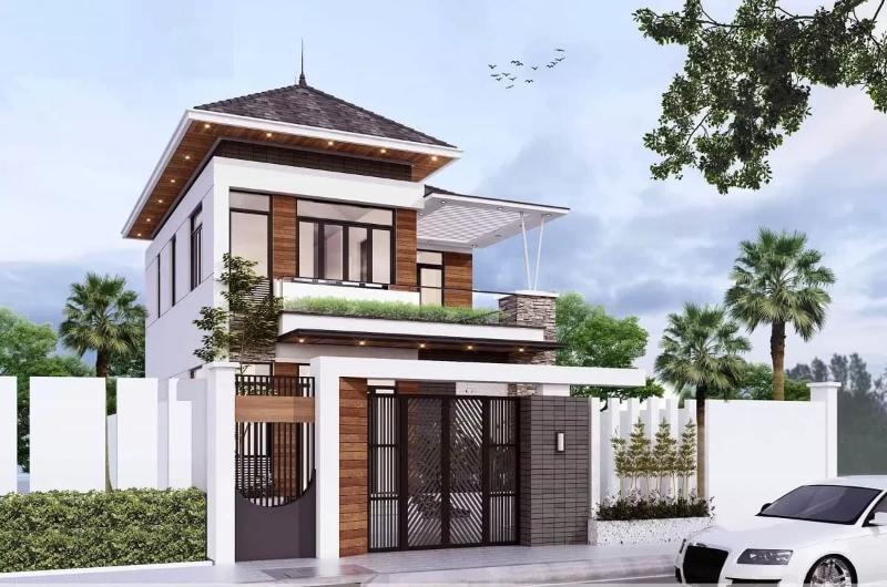 Mẫu thiết kế nhà 2 tầng 6x15 mái Nhật có thêm sân vườn thư giãn