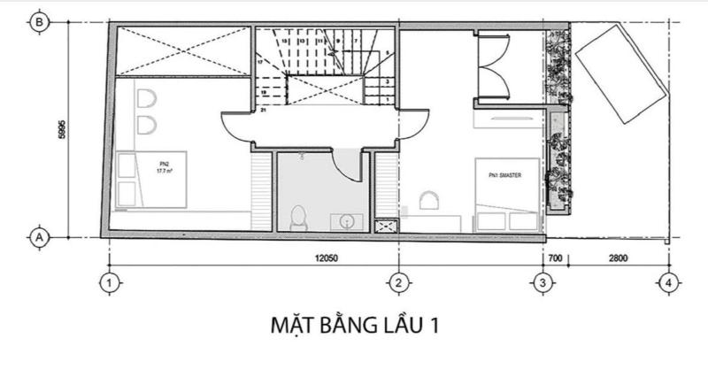 Mặt bằng tầng 1 của mẫu nhà 5x10m 2 tầng 3 phòng ngủ
