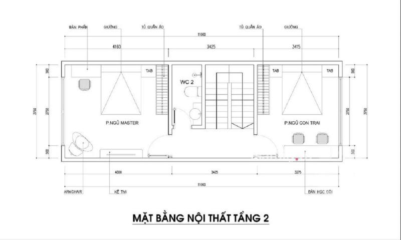 Mặt bằng tầng 2 của mẫu nhà 5x10m 2 tầng 3 phòng ngủ