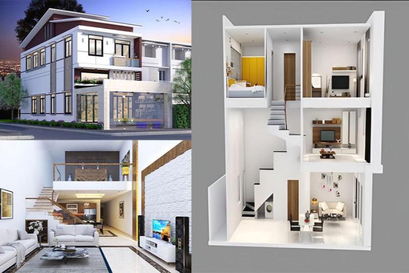 Mẫu thiết kế nhà 5x10m 2 tầng 3 phòng ngủ sử dụng gác lửng làm phòng làm việc