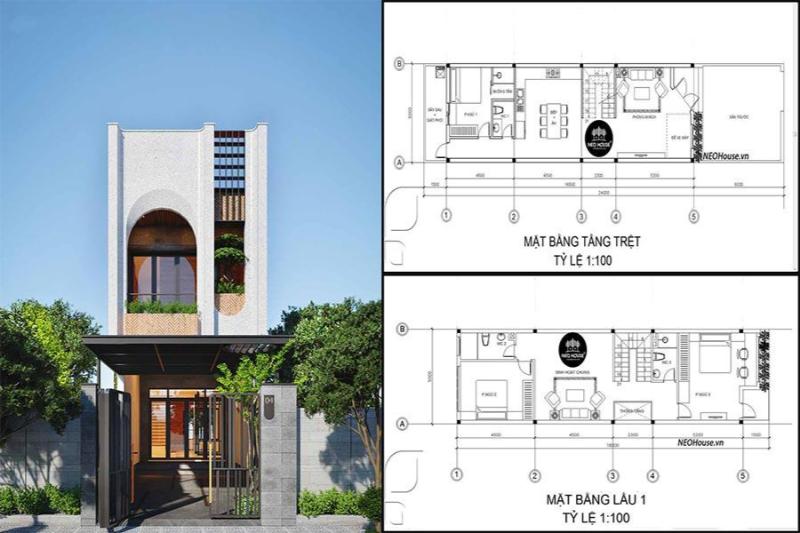 Mẫu thiết kế nhà 2 tầng 5x10m 3 phòng ngủ có gác lửng làm phòng thờ