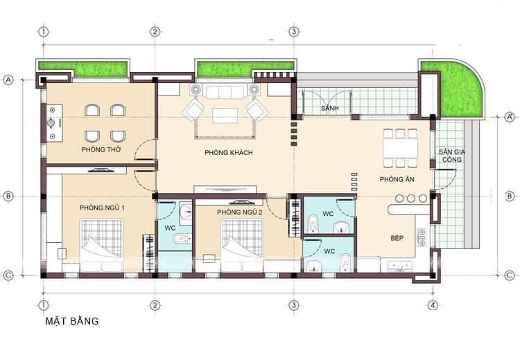 Bản vẽ công năng nhà cấp 4 60m2 2 phòng ngủ 1