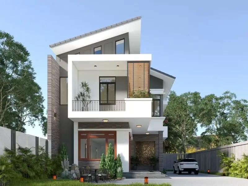 Mẫu nhà 2 tầng mặt tiền 8m sâu 12m với hệ thống mái lệch độc đáo