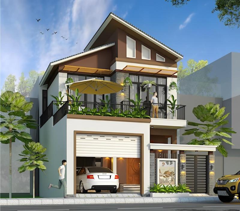Mẫu thiết kế nhà mặt tiền 8m sâu 12m 2 tầng mái lệch giúp thoát nước hiệu quả