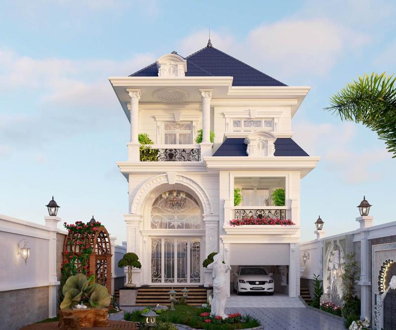 Mẫu thiết kế nhà mặt tiền 8m sâu 12m tân cổ điển với tone màu trắng trang nhã