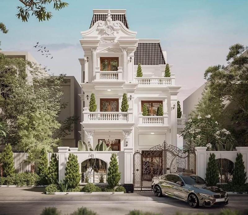 Mẫu thiết kế nhà mặt tiền 8m sâu 12m với lối kiến trúc Pháp nguy nga