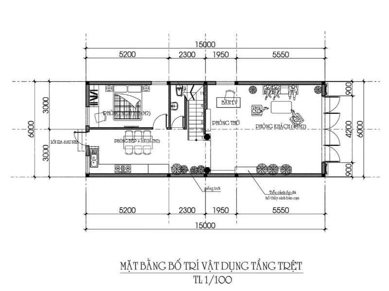 Bản vẽ mặt bằng công năng tầng 1 nhà ngang 6x15m