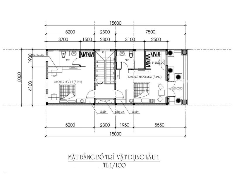 Bản vẽ mặt bằng công năng tầng 2 nhà ngang 6x15m